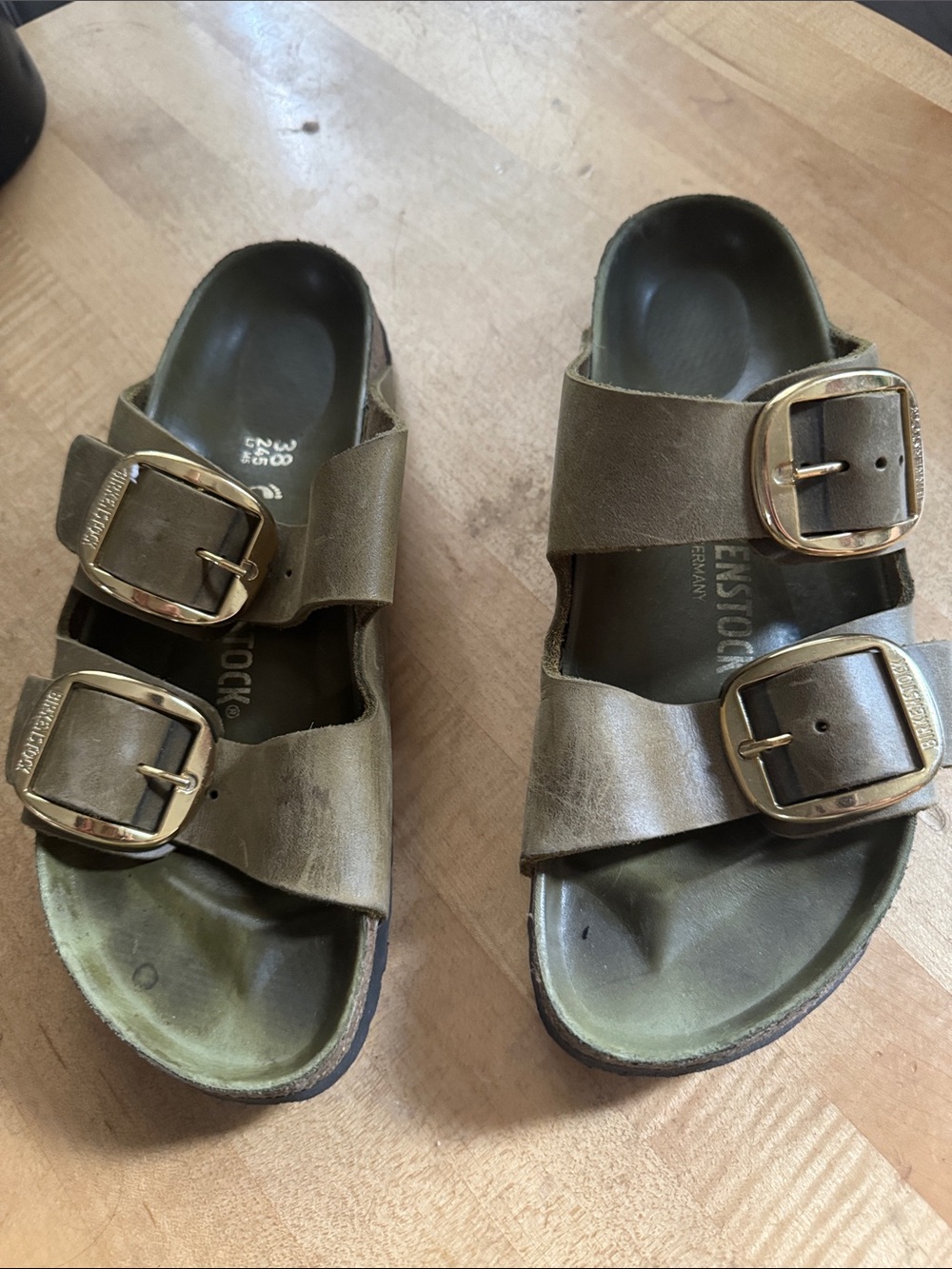 Birkenstock Two-Strap Sandals in Olive with Gold Buckles - Picture 1 of 6